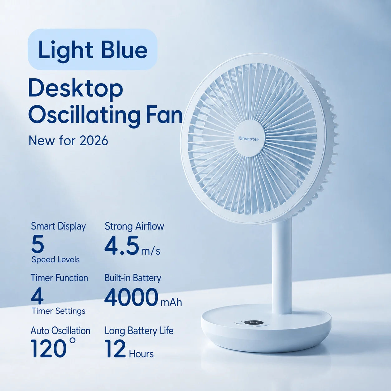 KINSCOTER Smart Desk Fan – 4000mAh, 5 prędkości, cicha praca