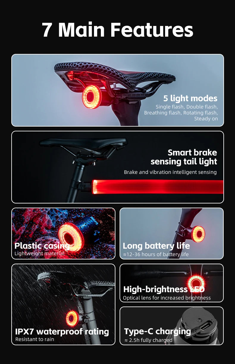 ROCKBROS Smart Bike Tail Light – IPX6 Waterproof, USB-C Rechargeable