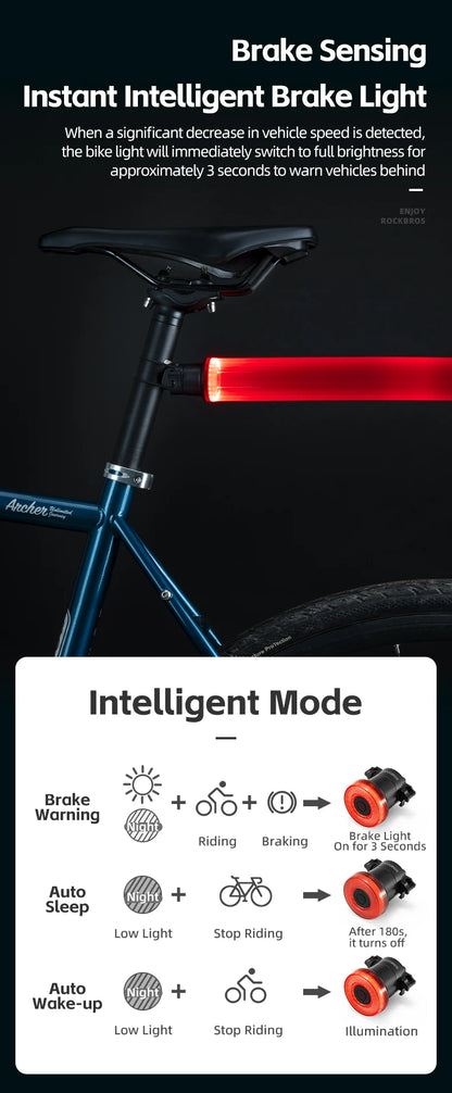 ROCKBROS Smart Bike Tail Light – IPX6 Waterproof, USB-C Rechargeable