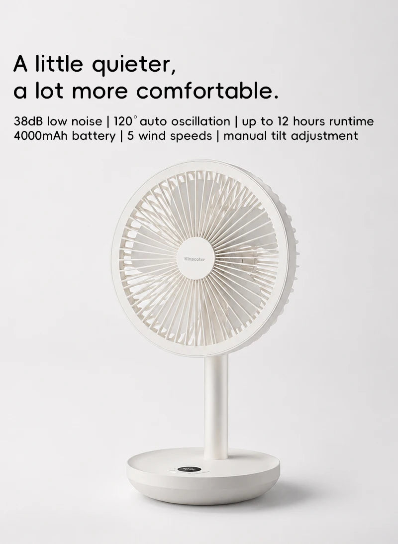 KINSCOTER Smart Desk Fan – 4000mAh, 5 prędkości, cicha praca