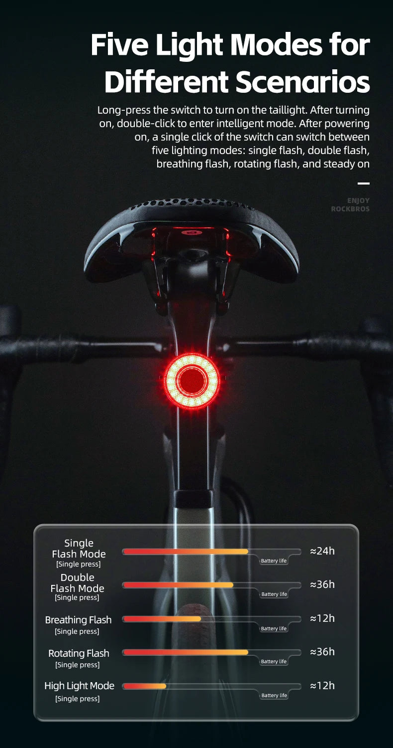 ROCKBROS Smart Bike Tail Light – IPX6 Waterproof, USB-C Rechargeable