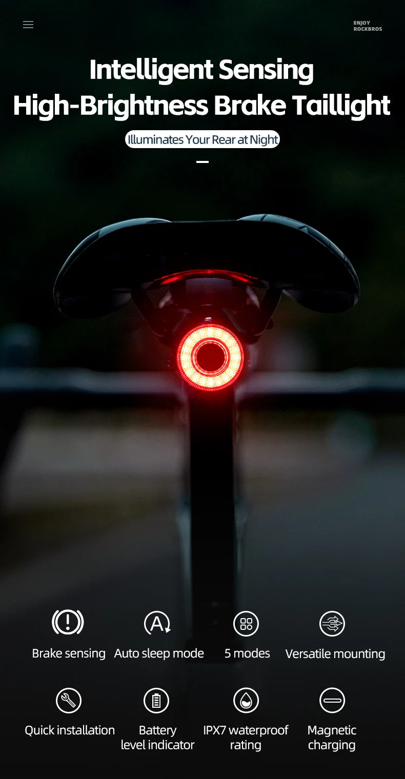 ROCKBROS Smart Bike Tail Light – IPX6 Waterproof, USB-C Rechargeable