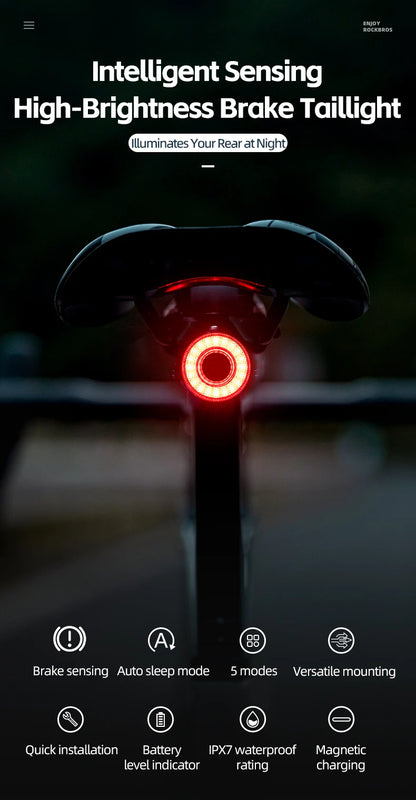 ROCKBROS Smart Bike Tail Light – IPX6 Waterproof, USB-C Rechargeable