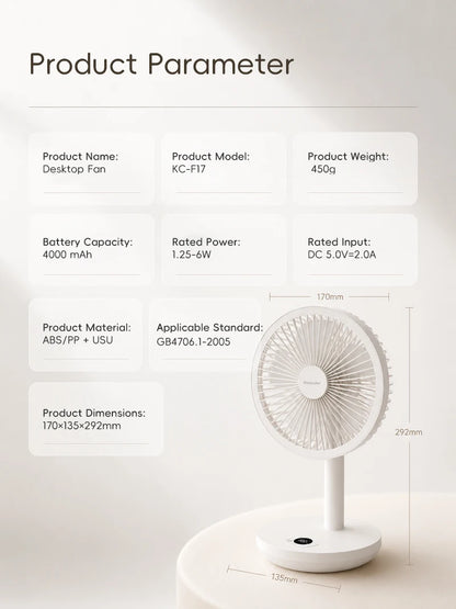 KINSCOTER Smart Desk Fan – 4000mAh, 5 prędkości, cicha praca