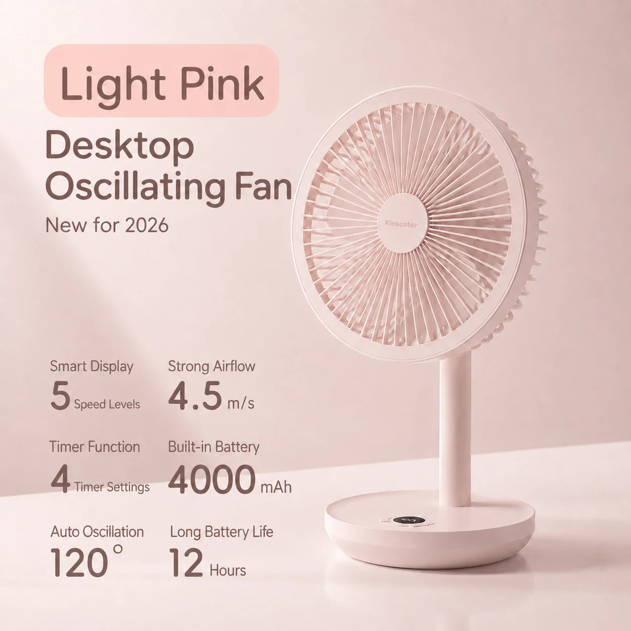 KINSCOTER Smart Desk Fan – 4000mAh, 5 prędkości, cicha praca