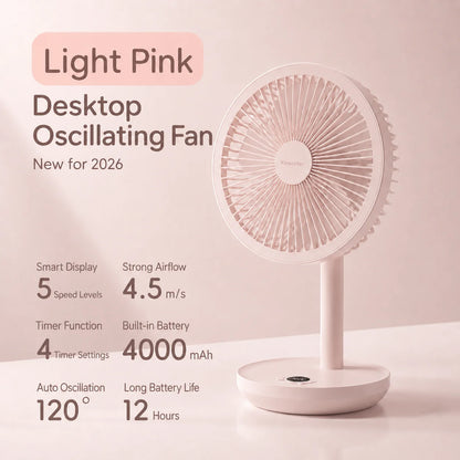 KINSCOTER Smart Desk Fan – 4000mAh, 5 prędkości, cicha praca