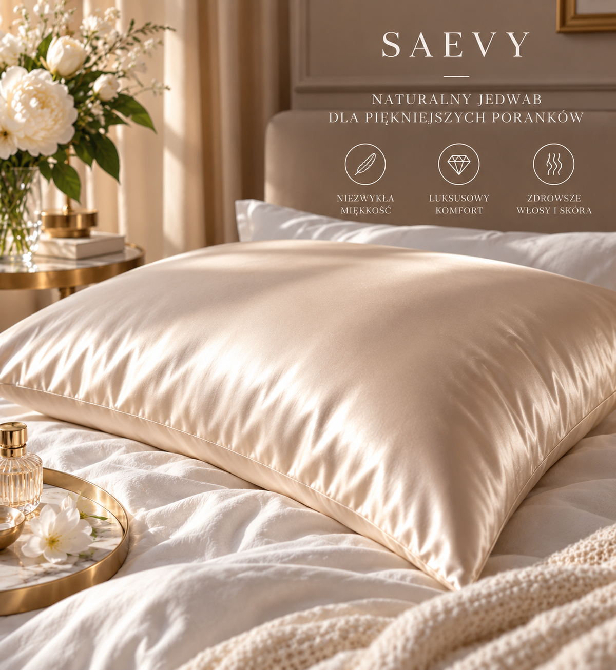 Jedwabna poszewka SAEVY Champagne – premium aranżacja